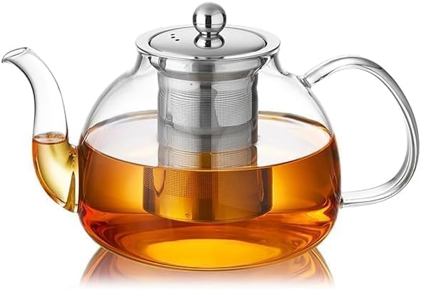 60OZ (1800ML) Glass Teapot with Infuser Stovetop Safe, Clear Glass Tea Pot Kettle, Borosilicate Tea Pot with Infusers Filter for Loose Tea, Tea Kettle Dishwasher Safe