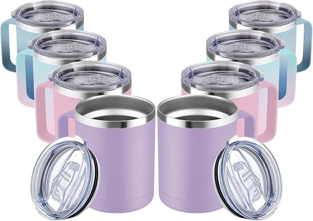 MEWAY 12oz Coffee Mug With Handle 2 Pack Bulk,Stainless Steel Insulated Travel Tumblers With Sliding Lid,Double Wall Vacuum Camping Cup for Hot & Cold Drinks Tea (Bubble Gum&Blue Waves,Set of 8)