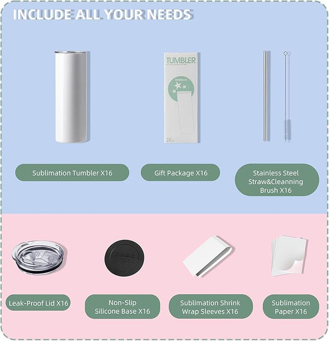 MURRICON 16 Pack Sublimation Tumblers 20 oz Skinny,Stainless Steel Insulated Blanks Tumbler with Lid,Straw,Sublimation Paper,Individually Boxed,Shrink Wrap and Rubber Bottom