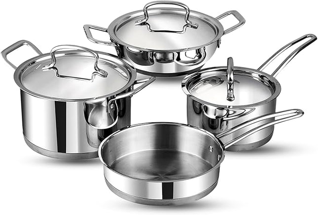 Vinod Classic Deluxe Stainless Steel Cookware Combo Set of 4 Pcs/Saucepan, Saucepot, Kadai and Frypan/Deep Kadhai for Cooking/Heavy Induction Bottom