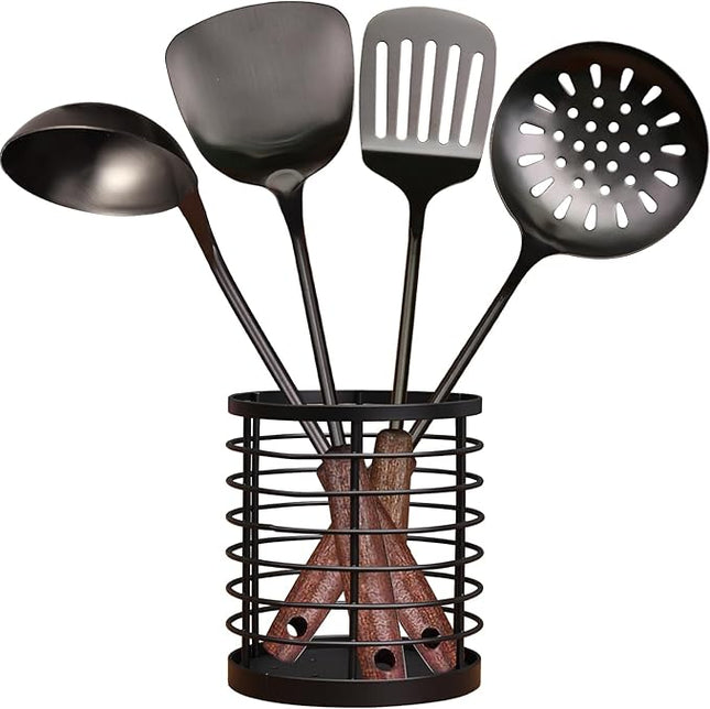 MARTE 18/10 Stainless Steel Cooking Utensil Set with Holder - 5 PCS Kitchen Serving Utensils Set - Spatula,Soup Ladle,Skimmer Slotted Spoon,Turner Spatula - Black Cooking Tools - Dishwasher Safe