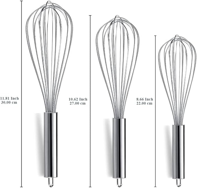 Berglander Whisk Set Pack of 3, Stainless Steel Whisks for Cooking 8",10",12", Wire Ballon Wisk (Silver)