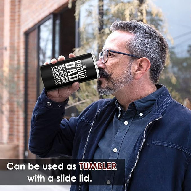 SANDJEST 4-in-1 Dad Tumbler Gifts for Dad from Daughter - 12oz Funny Proud Dad Can Cooler Tumblers Cup - Stainless Steel Insulated Cans Coozie Travel Mug Christmas, Birthday, Father's Day Gift