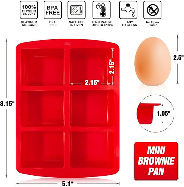 Walfos Mini Silicone Brownie Pan - 3 Piece 6-Cavity Non-stick Square Baking Pan, Perfect for Mini Brownies, Cornbread, Muffin and Cakes, BPA Free and Dishwasher Safe