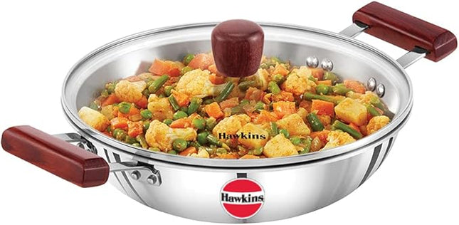 Hawkins 2.5 Litre Deep Fry Pan, Triply Stainless Steel Kadai with Glass Lid, Flat Bottom Induction Kadhai, Silver (SSD25G)