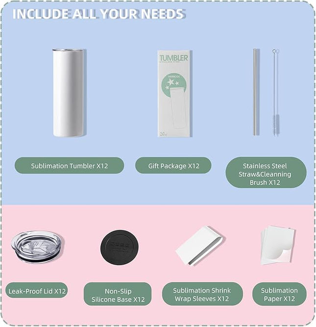 MURRICON Sublimation Tumblers 20 oz Skinny Straight,Stainless Steel Sublimation Blanks Skinny Tumbler,Double Wall Vacuum Insulated Tumblers,with lid and straw,12 Pack