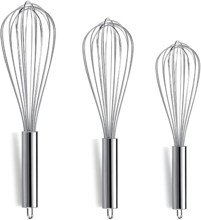 Berglander Whisk Set Pack of 3, Stainless Steel Whisks for Cooking 8",10",12", Wire Ballon Wisk (Silver)