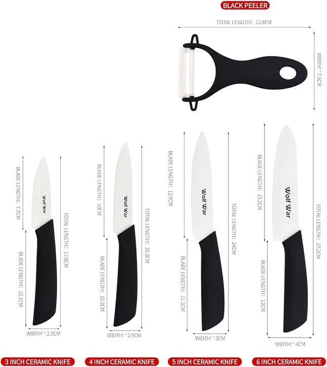 Kitchen Ceramic Knife Set Professional Knife With Sheaths, Super Sharp Rust Proof Stain Resistant (6" Chef Knife, 5" Utility Knife, 4" Fruit Knife, 3" Paring Knife, One Peeler)