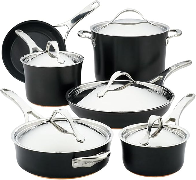 Anolon 83874 Nouvelle Copper Hard Anodized Nonstick Cookware Set / Pots and Pans Set - 11 Piece, Black Onyx