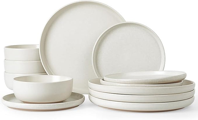 Famiware Milkyway Plates and Bowls Sets, 12 Pieces Dinnerware Sets, Reactive Glaze Dish Set, Stoneware Dishes Set for 4, Matte Beige White