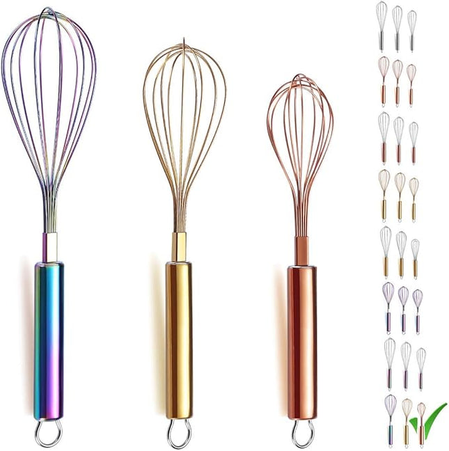 Berglander Colorful Whisks Set - Stainless Steel 8" Gold, 10" Rose Gold, 12" Rainbow Wire Whisks for Cooking