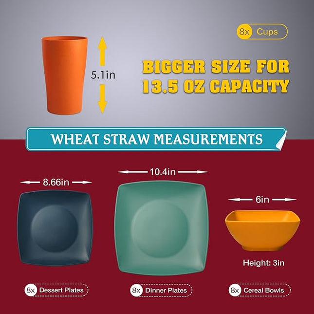 Teivio 32-piece Plastic Wheat Straw Square Dinnerware Set for 8, Unbreakable Dinner Plates, Salad Plates, Snack Bowls, Tumblers 20 oz, Dishwasher Safe, Autumn Multicolor