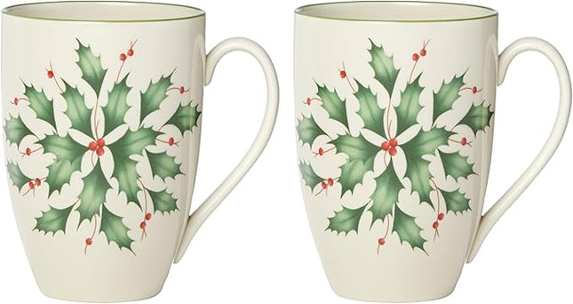 Lenox Coffee Mugs, Hosting The Holidays 2-Piece Holly 14 Oz Mug Set, Ivory Porcelain, Dishwasher and Microwave Safe, Christmas Holly Drinkware Set, Christmas Decorations (White/Green, 14 Oz, 2 Pieces)