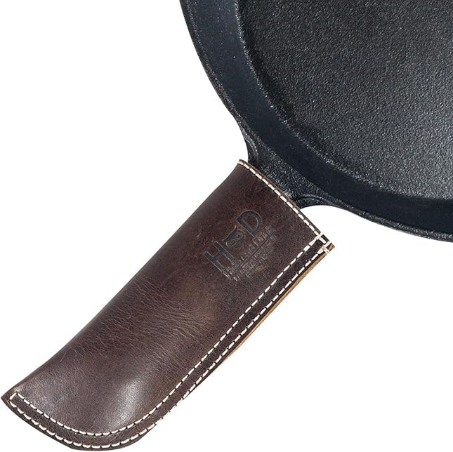 Hide & Drink, Hot Handle, Cast Iron Protector, Panhandle Potholder, Slides On/Off Easily onto Metal Skillet Grips, Full Grain Leather, Handmade (Bourbon Brown White Stitching)
