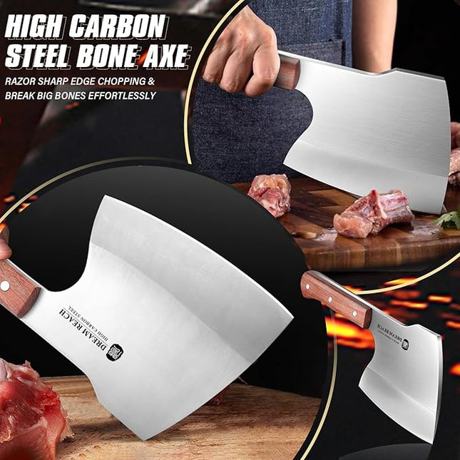 Dream Reach Meat Cleaver Knife Heavy Duty Bone Chopper Stainless Steel Butcher Axe Hand Forged Butcher Knife Meat Bone Cleaver for Kitchen Outdoor BBQ, Christmas Gifts for Men Women