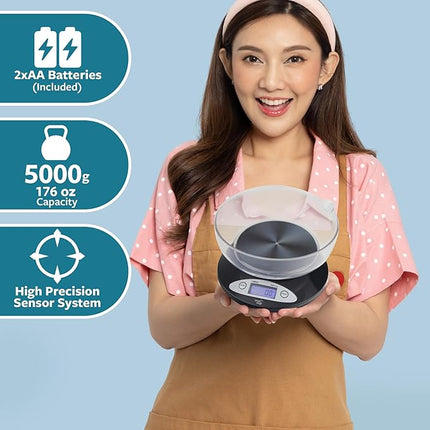 Smart Weigh Food Kitchen Scale with Bowl,11lb x 0.1oz / 5000 x 1grams, Digital Weight Scale for Baking,Cooking for Ounces and Grams