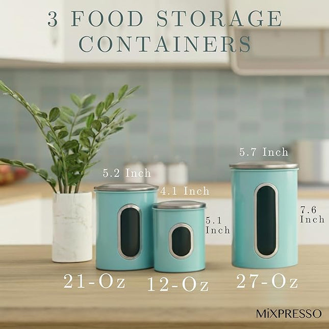 Mixpresso 3-Piece Aqua Blue Canisters Sets For The Kitchen, Airtight Canister Set With See Through Window, Storage Jars for Coffee Container, Tea Organizer & Sugar Canister, Kitchen Canisters