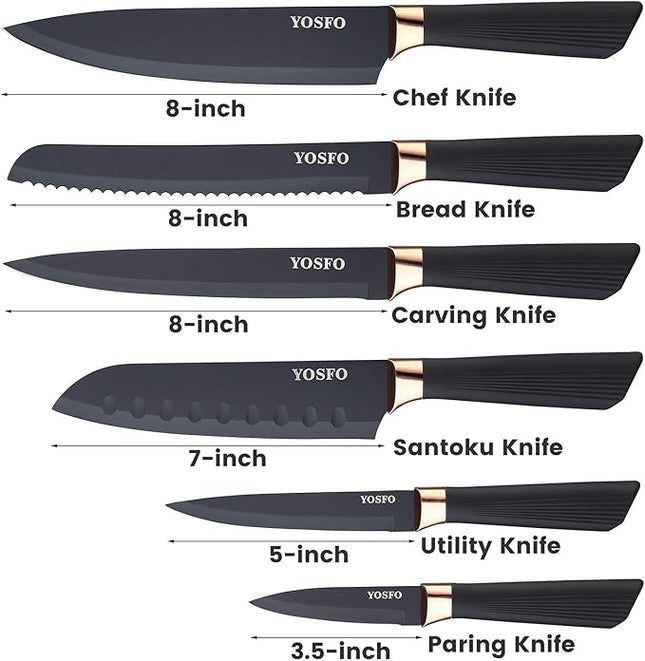 Stainless Steel Chef Knife Set, 6 Piece - Includes 8" Chef, 8" Bread, 7" Santoku, 5" Utility, 8" Carving & 3.5" Paring Knives (Black)