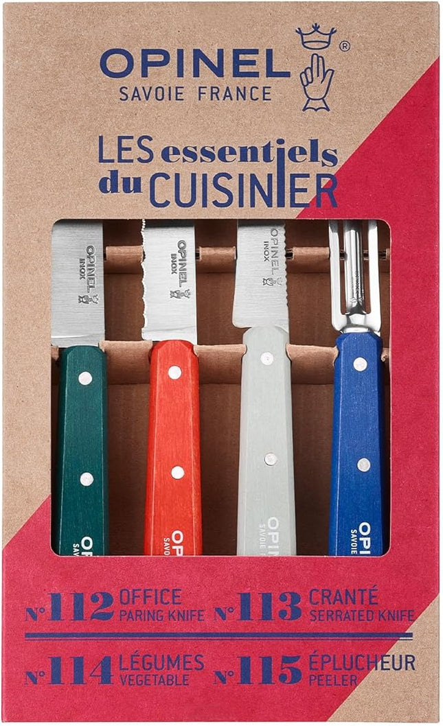 OPINEL Les Essentials - Small Kitchen 4 Piece Set - Paring, Serrated, Vegetable Knife, Peeler - Corrosion Resistant High Carbon Steel - Made in France (Primo)