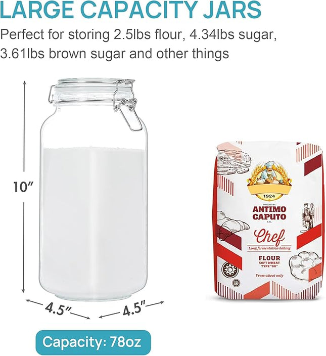 Vtopmart 78oz Glass Food Storage Jars with Airtight Clamp Lids, 3 Pack Large Kitchen Canisters for Flour, Cereal, Coffee, Pasta and Canning, Square Mason Jar with 8 Chalkboard Labels