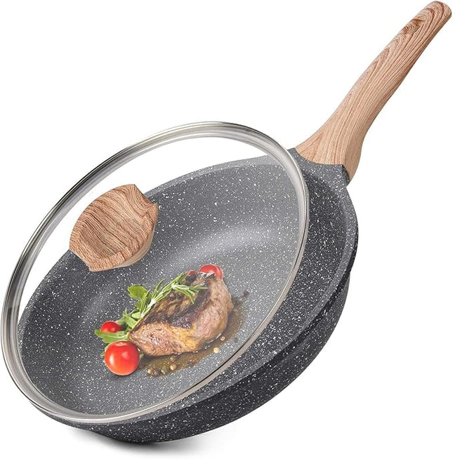 Caannasweis Nonstick Granite Frying Pan Skillet, Non Stick Omelette Fry Pans, Omelet Egg Pan, Stone Cookware Chef's Pan, Induction Compatible, PFOA Free (Gray, 11 Inch with Lid)