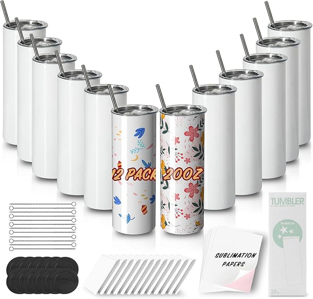 MURRICON Sublimation Tumblers 20 oz Skinny Straight,Stainless Steel Sublimation Blanks Skinny Tumbler,Double Wall Vacuum Insulated Tumblers,with lid and straw,12 Pack