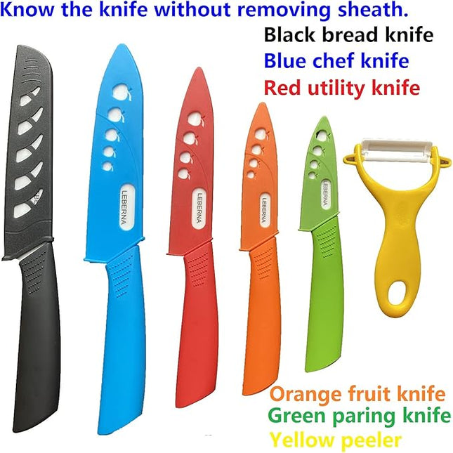 Ceramic Knife Set Knives Set for Kitchen Ceramic Kitchen Knives Colored w Sheath 6" Bread Knife 6" Chef Knife 5" Utility Knife 4" Fruit Knife 3" Paring Knife 1 Peeler Colorful Rust Free Proof