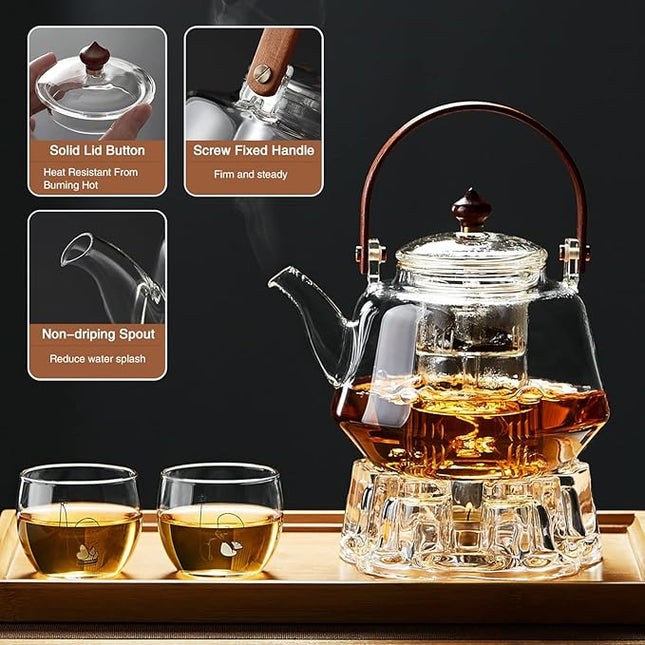 40oz Glass Teapot with Anti-Drip Spout, Peach Wood Handle and Lid, Heat-Resistant Borosilicate Glass, Dual Infusers for Steaming and Boiling
