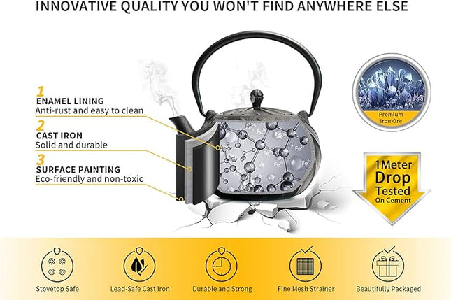 Tea Kettle, TOPTIER Japanese Cast Iron Teapot with Infuser, Cast Iron Tea Kettle Stovetop Safe, Wave Design Teapot Coated with Enameled Interior for 30 Ounce (900 ml), Midnight Black