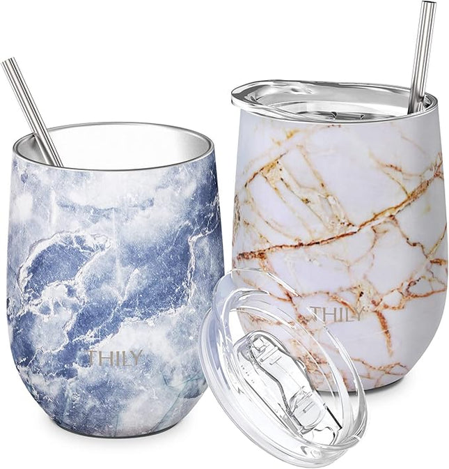 THILY Stainless Steel Insulated Wine Tumblers 12 oz Cute Travel Stemless Glasses with Sliding Lids and Metal Straws, Keep Hot or Cold for Wine, Coffee, Juice, 2 Pack(Gold Marble + Blue Marble)