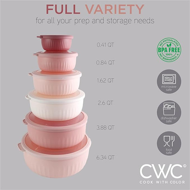 COOK WITH COLOR Prep Bowls with Lids- Wide and Deep Nesting Plastic Small Mixing Bowl Set with Lids, 12 Piece Set - Wide Bowls, Pink