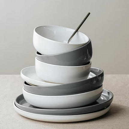 Famiware Milkyway Plates and Bowls Sets, 12 Pieces Stoneware Dinnerware Sets, Dishes Set for 4, White & Dark Gray