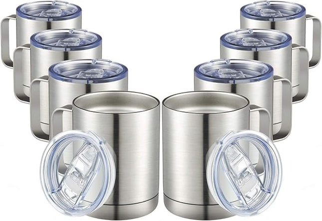MEWAY 12oz Coffee Mug With Handle 8 Pack Bulk,Stainless Steel Insulated Travel Tumblers With Sliding Lid,Double Wall Vacuum Camping Cup for Hot & Cold Drinks Tea (Sliver,Set of 8)