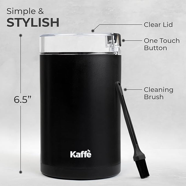 Kaffe One-Touch Coffee Grinder Electric w/Cleaning Brush (3 oz) - Coffee Grinders for Home Use - Up to 12 Cups of Coffee per Grind - Easy On/Off Coffee Bean Grinder - Matte Black