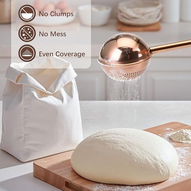 HULISEN Flour Duster for Baking, One-Handed Operation, 304 Stainless Steel Powdered Sugar Shaker Duster, Pick Up and Dust Flour Sifter, Gift Package, Brown