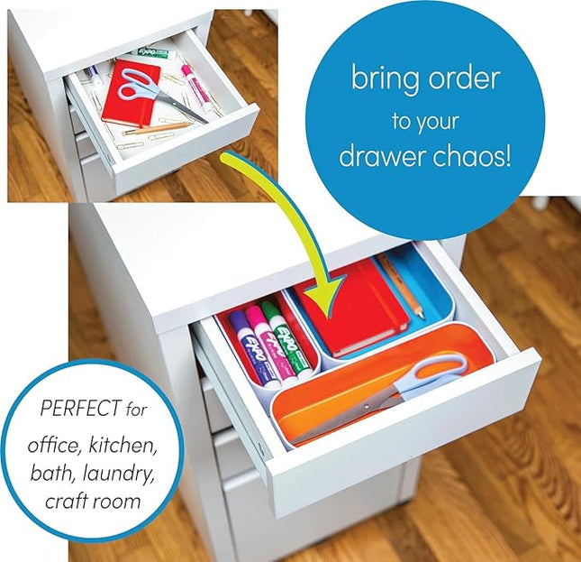 Three by Three Seattle 6 Piece Shallow Metal Organizer Tray Set for Storing Makeup, Stationery, Utensils, and More in Office Desk, Kitchen and Bathroom Drawers (1 Inch, Gold and White)