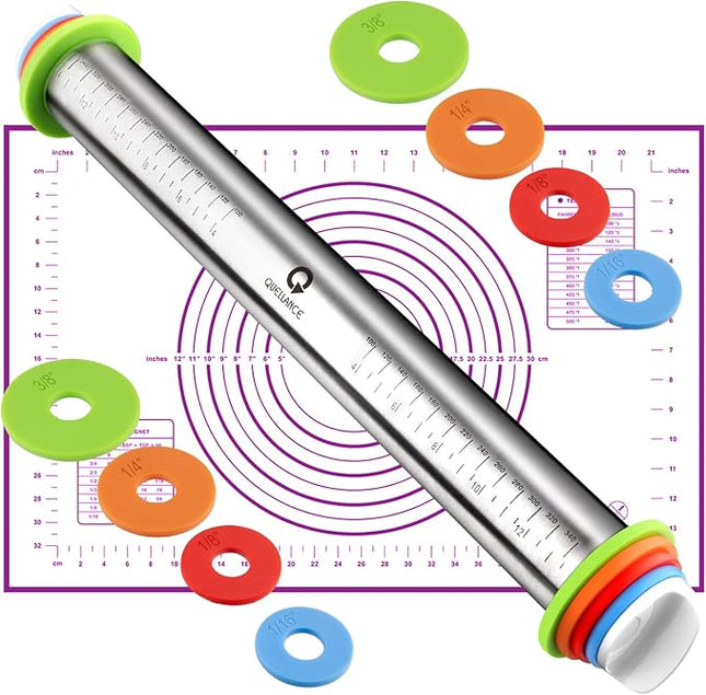 Rolling Pin and Pastry Baking Mat Set, Rolling Pins with Adjustable Thickness Rings, Stainless Steel Dough Roller for Baking Fondant, Pizza, Pie, Pastry, Pasta, Cookies (Purple)