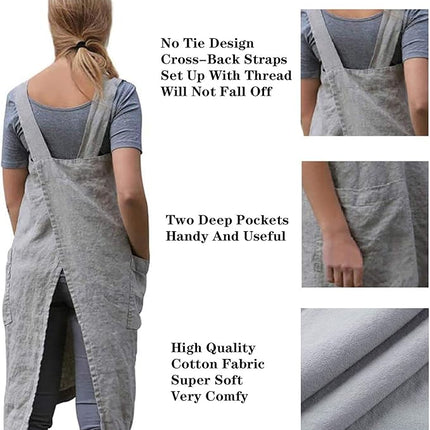 YESDOOD Cotton Linen Apron Cross Back Apron for Women with Pockets Pinafore Dress for Baking Cooking