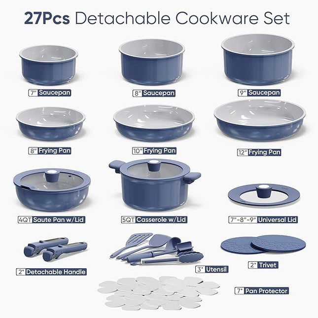 CAROTE 27pcs Ceramic Cookware Set Nonstick, Pots and Pans Set Non stick, Non Toxic Cookware, Dishwasher/Oven Safe, RV/Camping Cookware Set, Pan and Pot with Kitchen Utensils, Navy Blue