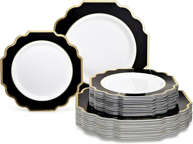 " OCCASIONS " 80 Plates Pack,(40 Guests) Heavyweight Premium Wedding Party Disposable Plastic Plates Set -40 x 10.5'' Dinner + 40 x 8'' Salad/Dessert (Imperial in Black & Gold)