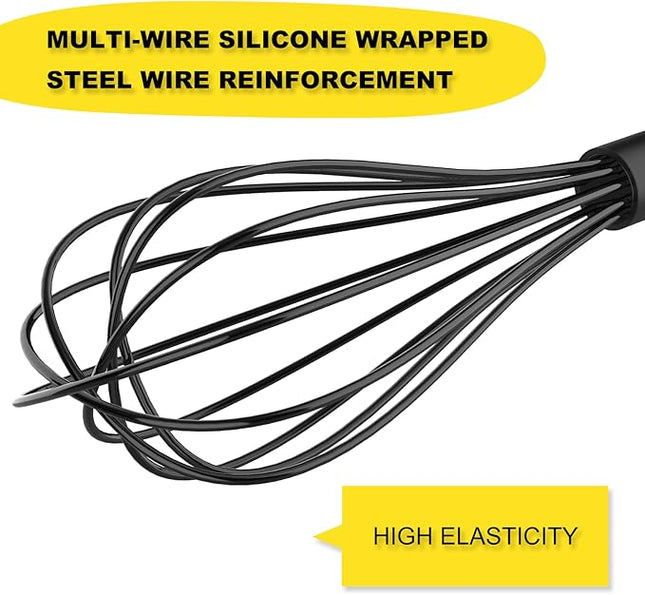 NileHome Upgrade Silicone Whisk Set 8" 10" 12" Kitchen Whisk Kitchen Wisk Wire Whisks for Cooking, Whisking, Blending, Beating, Stirring-Black
