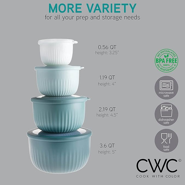 COOK WITH COLOR 4pc Plastic Mixing Bowl Set with Lids (Teal Ombre, 210 ml, 550 ml, 1150 ml, 3500 ml) - Sturdy, Nesting, BPA Free, Dishwasher Safe, Food Safe, Bowls for Cooking and Baking