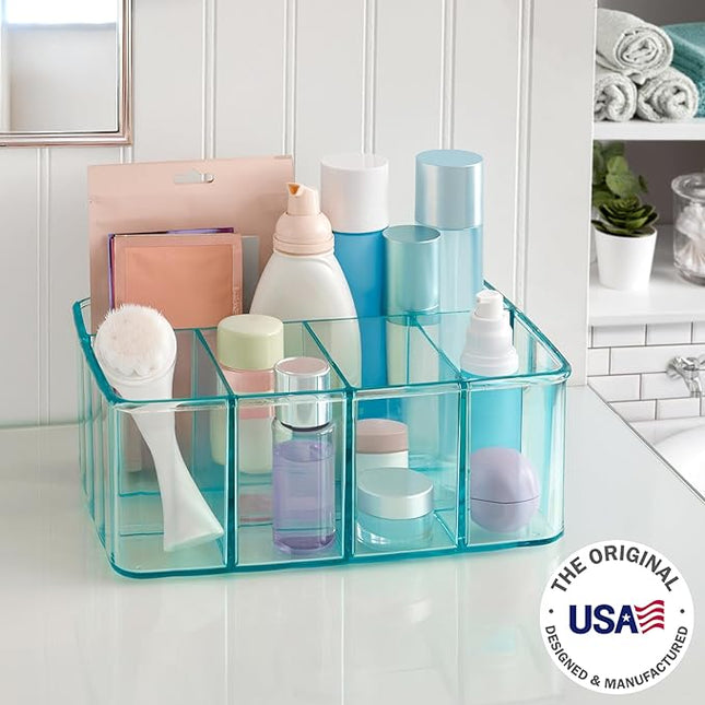 STORi 5-Compartment Plastic Organizer, Ocean Mist, Rectangular Divided Makeup and Vanity Storage Bin and Office Desk Caddy, Scalloped Wall Design, Made in USA