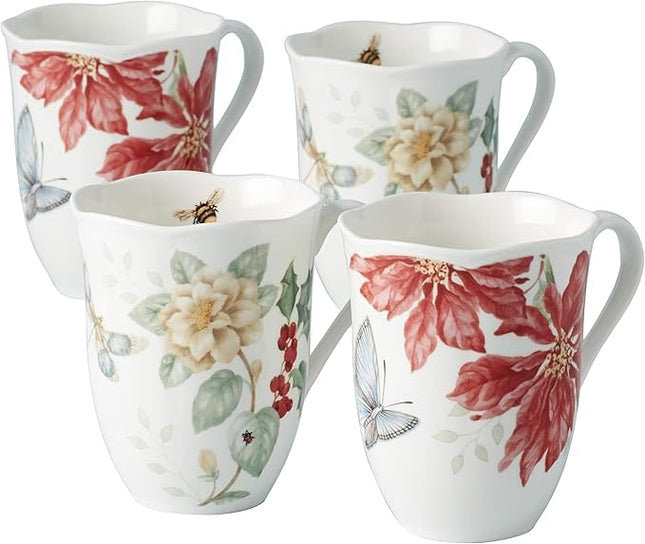 Lenox 884474 Butterfly Meadow Holiday 4-Piece Mug Set, 12 Fl Oz, 3.25 x 4.25-Inch, Christmas Dinnerware, Hosting