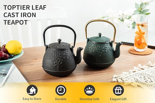 Toptier Mini Little Teapot, Super Small Cast Iron Teapot for Stove Top, Palm-Sized Japanese Stovetop Safe Tea Kettle with Infuser for 11 oz, Black