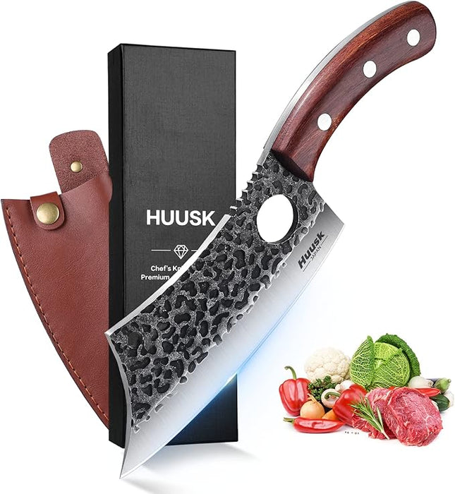 Huusk Meat Cleaver Knife, Hand Forged Butcher Knife for Meat Cutting, Full Tang Viking Knives with Sheath, Japanese Chef Knives for Outdoor Cooking, Camping, BBQ, Christmas Gift for Man and Women