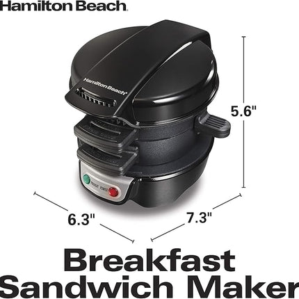 Hamilton Beach Breakfast Sandwich Maker with Egg Cooker Ring, Customize Ingredients, Perfect for English Muffins, Croissants, Mini Waffles, Perfect White Elephant Gifts, Black (25477)