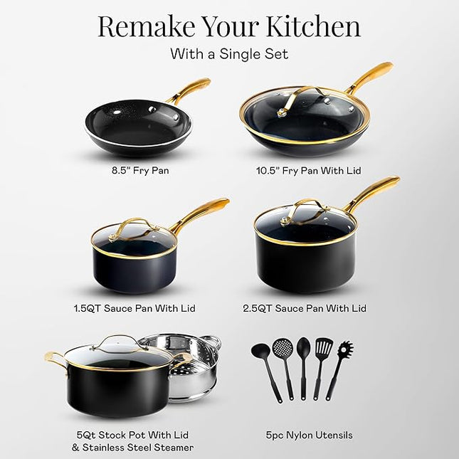 Gotham Steel 15 Pc Ceramic Cookware Set Nonstick, Ceramic Pots and Pans Set Non Stick with Steamer & Cooking Utensils, Non Toxic PFOA PFOS Free, Premium Stay Cool Handles, Oven & Dishwasher Safe