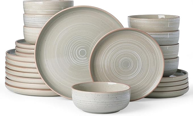 Famiware Meteor Plates and Bowls Sets, 24-Piece Stoneware Dinnerware Sets, Dishes Set for 8, Microwave and Dishwasher Safe Tableware, Matcha Green