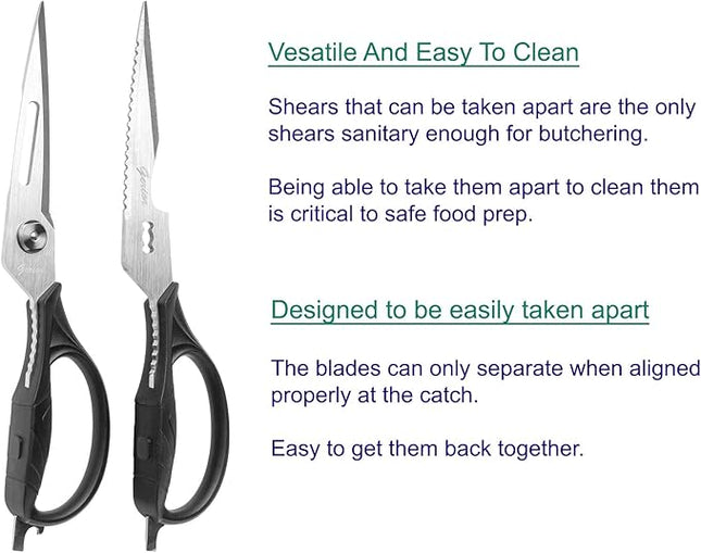 Kitchen Scissors - Heavy Duty Shears for Cutting Chicken, Poultry, Food, Meat - Black Handle